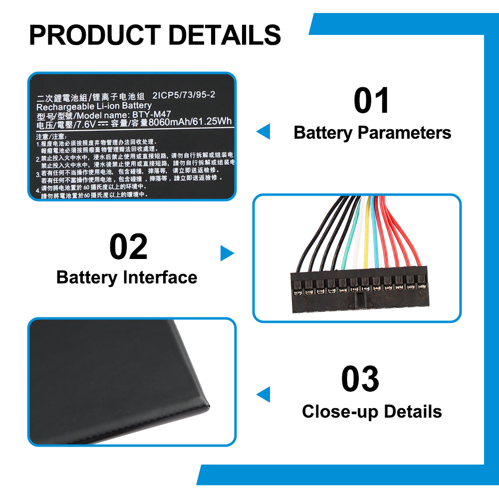 MSI BTY-M47 replacement Li-ion laptop battery 7.6V 61.25Wh specs 11-pin interface close-up details