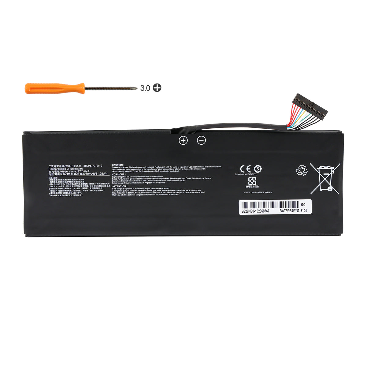 MSI BTY-M47 replacement Li-ion laptop battery 7.6V 61.25Wh 8060mAh PH3 screwdriver for installation