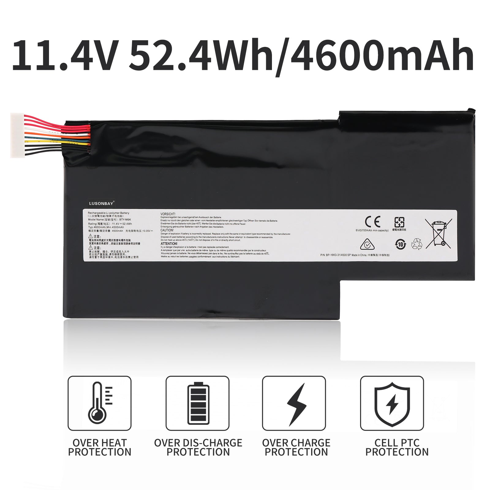 LUSONBAY BTY-M6K Laptop Battery For MSI MS-17B4 MS-16K3 GS63VR 7RG Series - 11.4V 52.4Wh/4600mAh