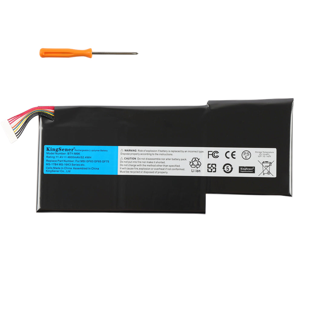 BTY-M6K Li-ion battery 4600mAh 52.4Wh for MSI GF63 Thin GF75 8RX, horizontal front view with blue KingSener label and screwdriver