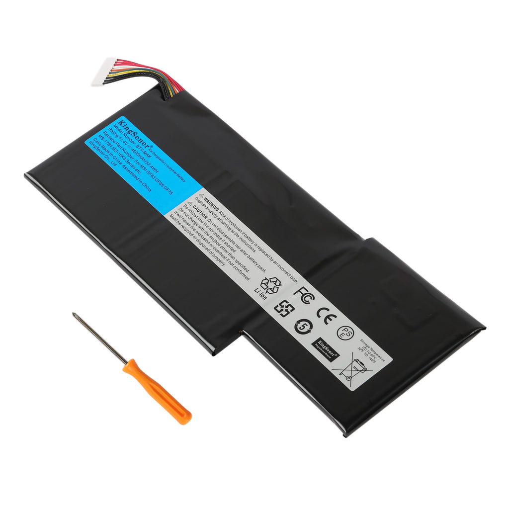 BTY-M6K replacement battery 11.4V 52.4Wh for MSI GF63 8RC 8RD GF75 8SC gaming, diagonal view showing L-shape and connector cable