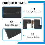 DYNH02 battery product details showing battery parameters, interface connector, and close-up details