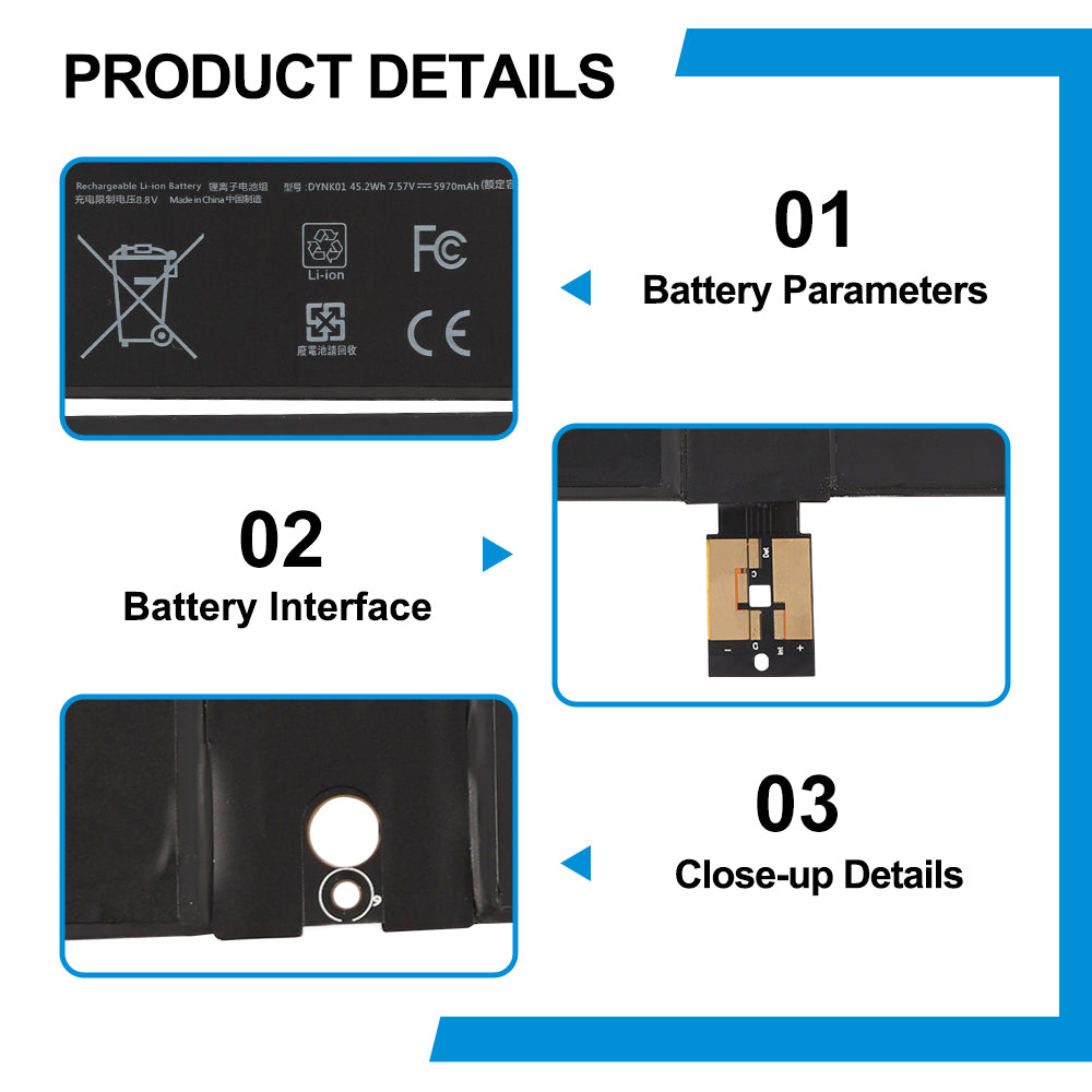 DYNK01 G3HTA036H laptop battery details: 7.57V 45.2Wh 5970mAh Li-ion with mid-mounted 5-pin metal connector
