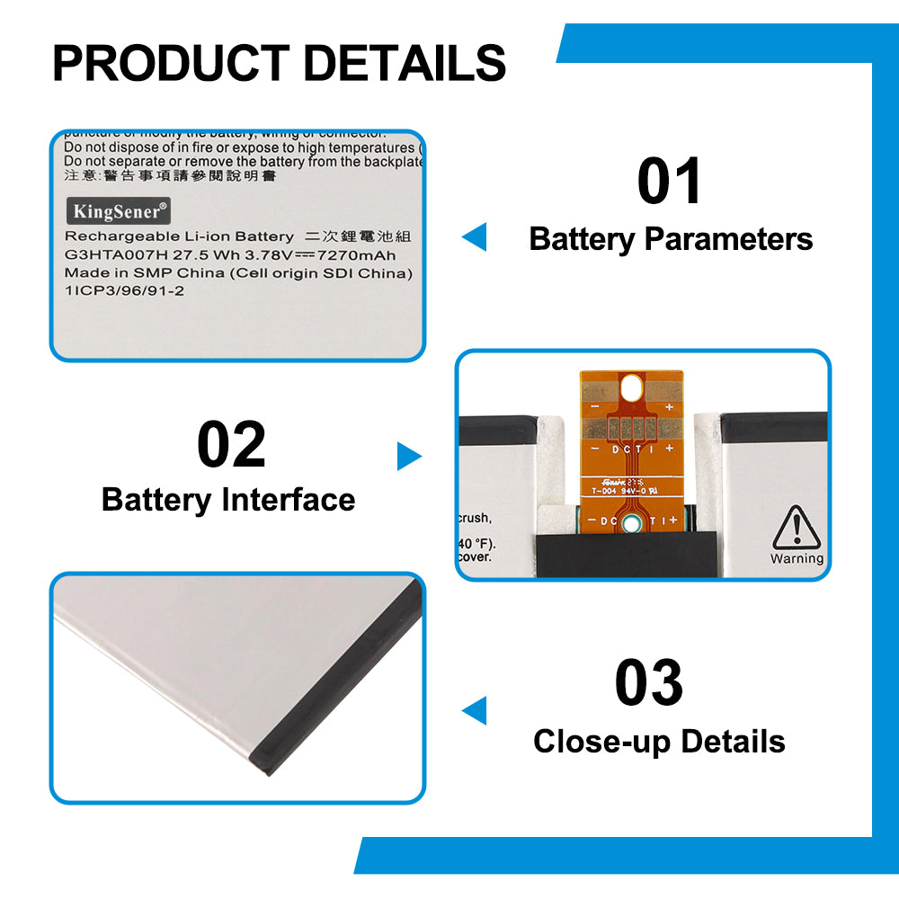 G3HTA007H tablet battery details: 3.78V 27.5Wh 7270mAh 1ICP3/96/91-2 with FPC flexible connector