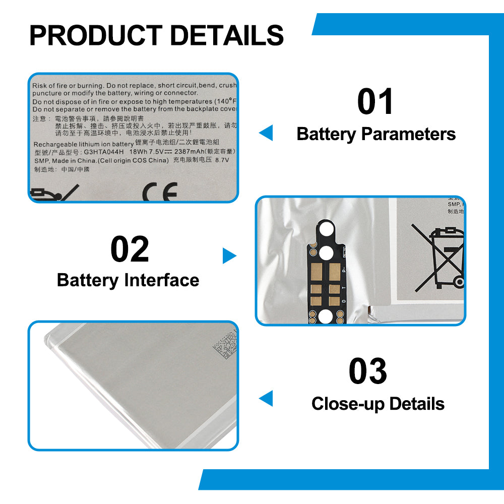 G3HTA044H screen battery details: 7.5V 18Wh 2387mAh with mid-mounted6-pin metal connector for Surface Book 1/2