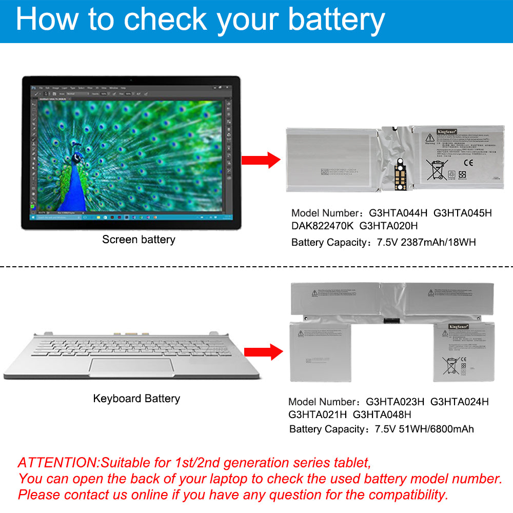 G3HTA044H Surface Book screen battery 18Wh vs keyboard battery 51Wh, verify model before purchase