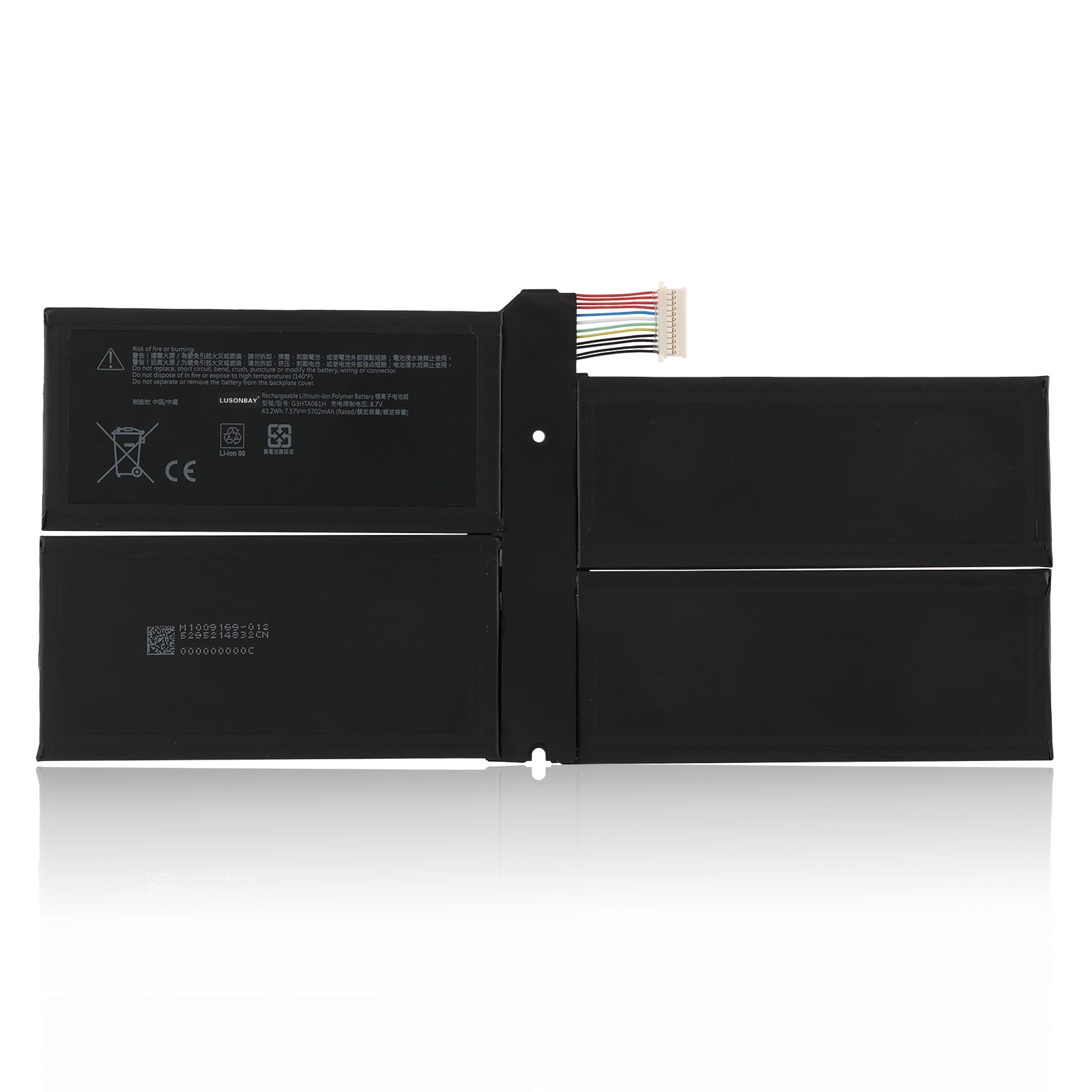 G3HTA061H replacement battery for Microsoft Surface Pro 7, Li-ion 7.57V 5702mAh 43.2Wh, full view with connector cable