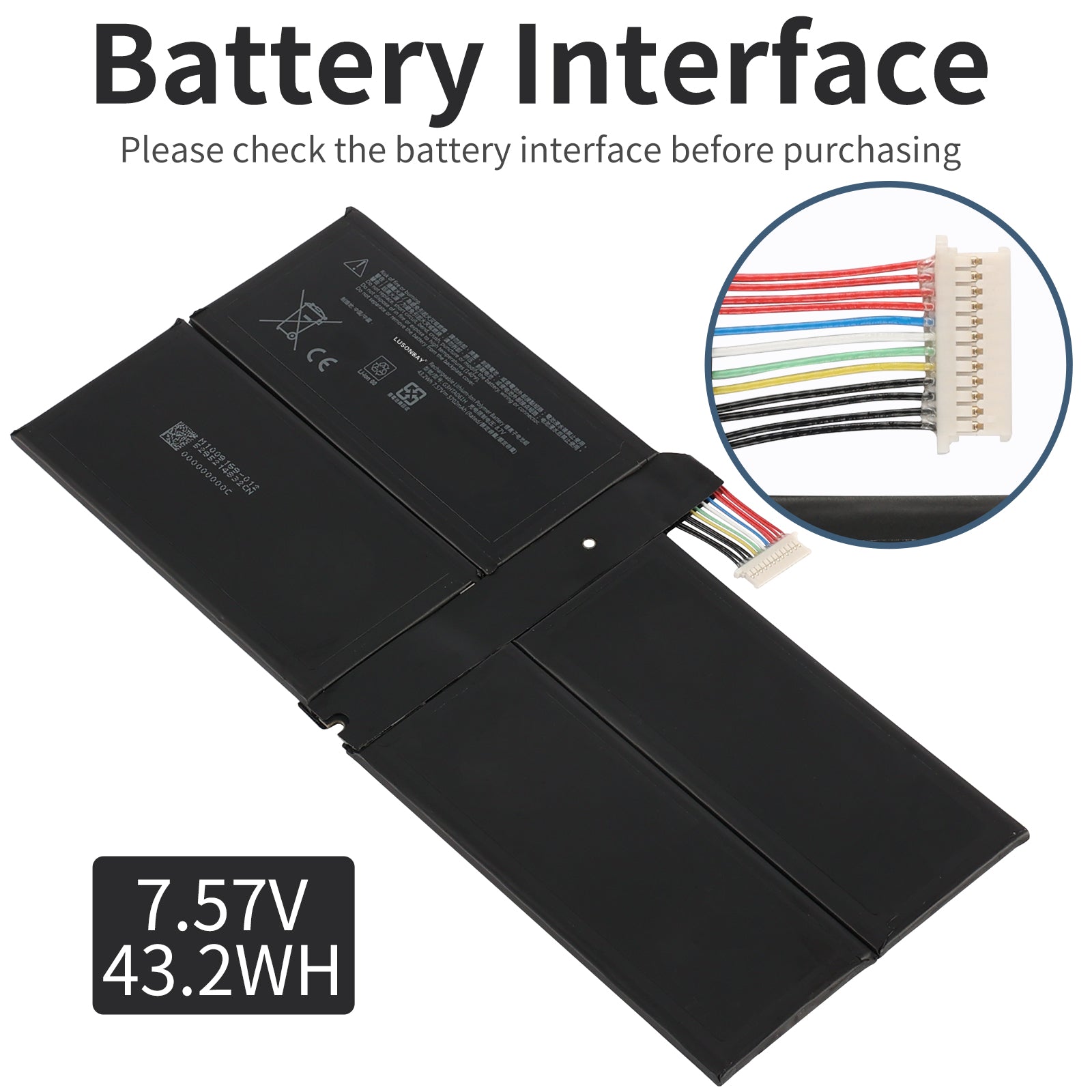 G3HTA061H Surface Pro 7 battery interface connector with multi-pin plug close-up detail, 7.57V 43.2Wh