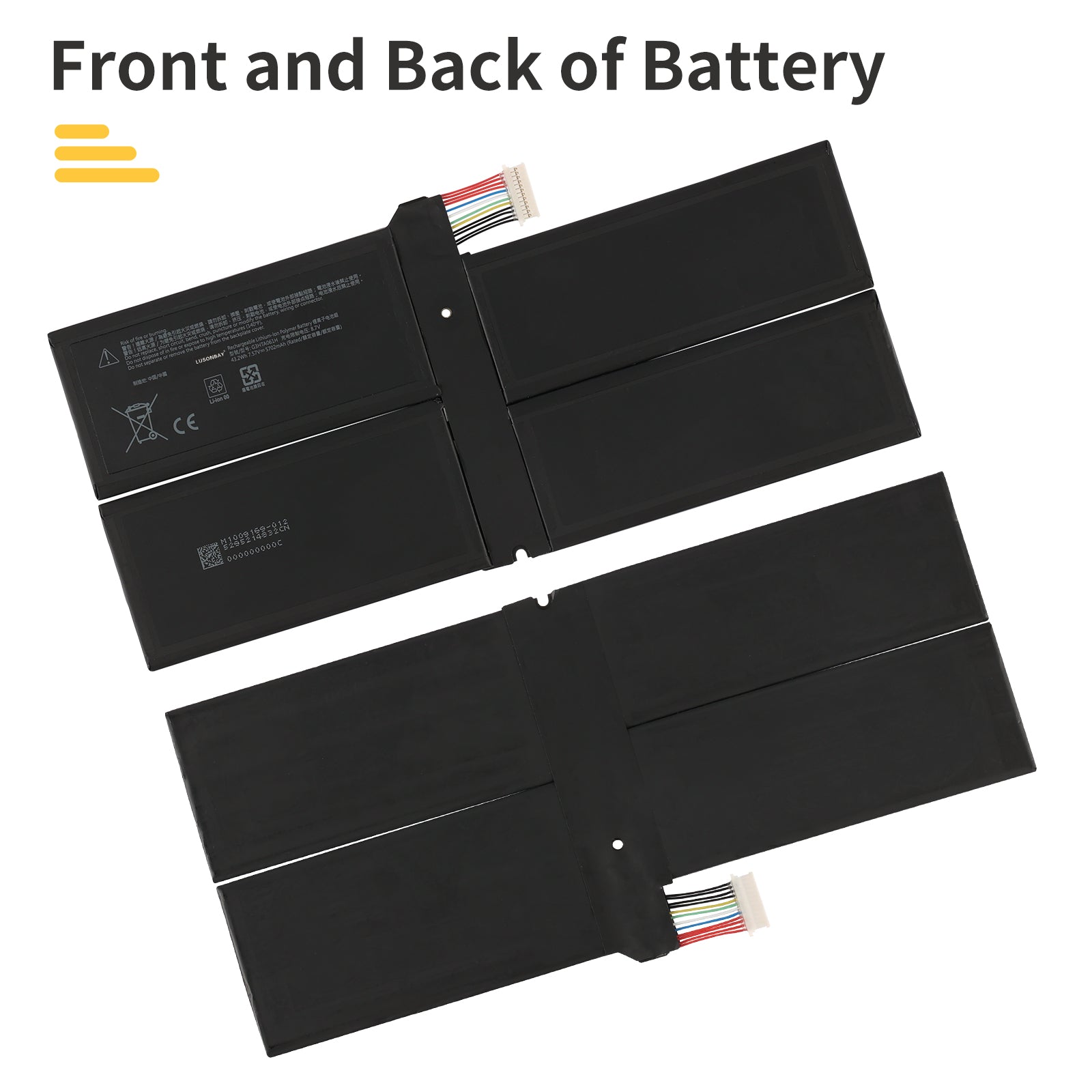 G3HTA061H replacement battery front and back view, Li-ion 7.57V for Microsoft Surface Pro 7, dual side display