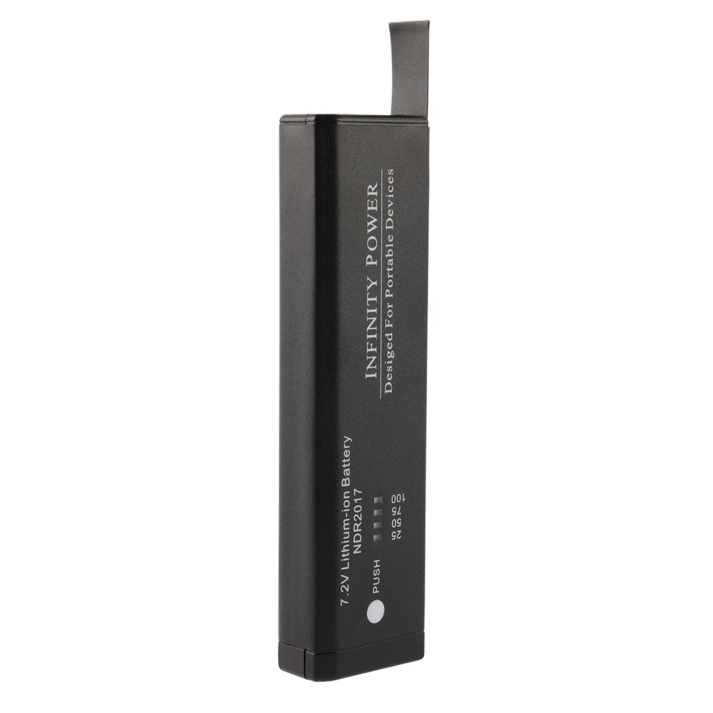 Angled back view of NDR2017 battery showing specifications and certification marks