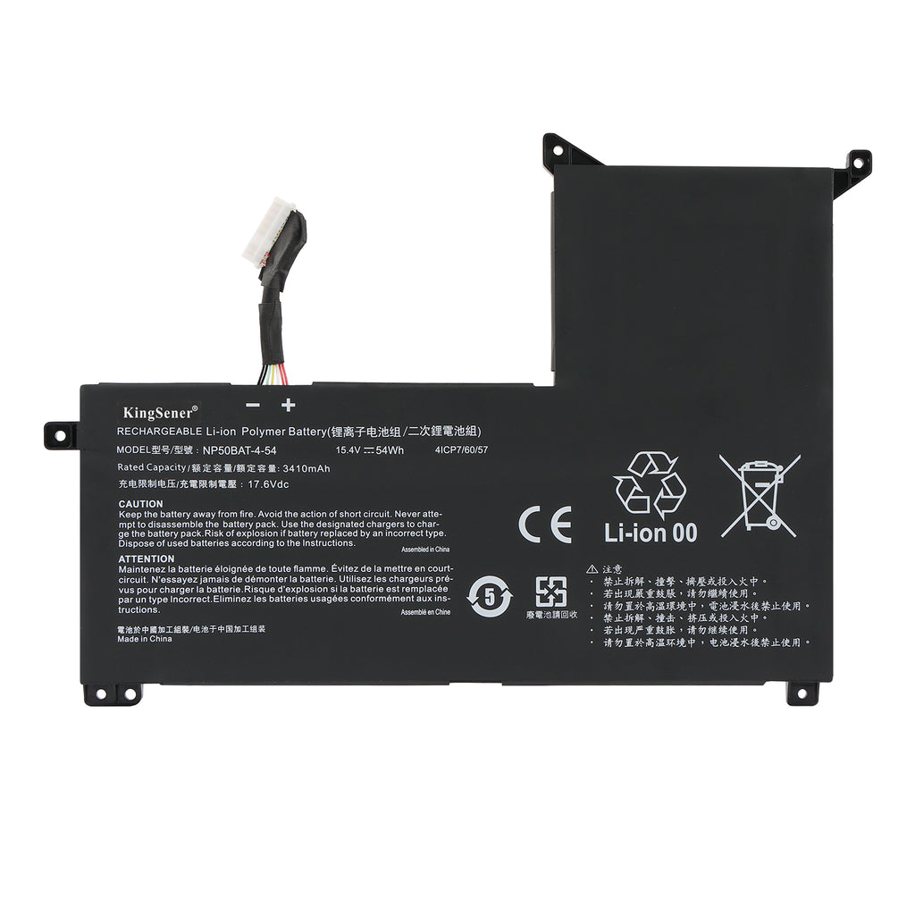 NP50BAT-4-54 battery 15.4V 54Wh for SCHENKER XMG Focus 16 CLEVO X17, front view showing full label CE mark and connector