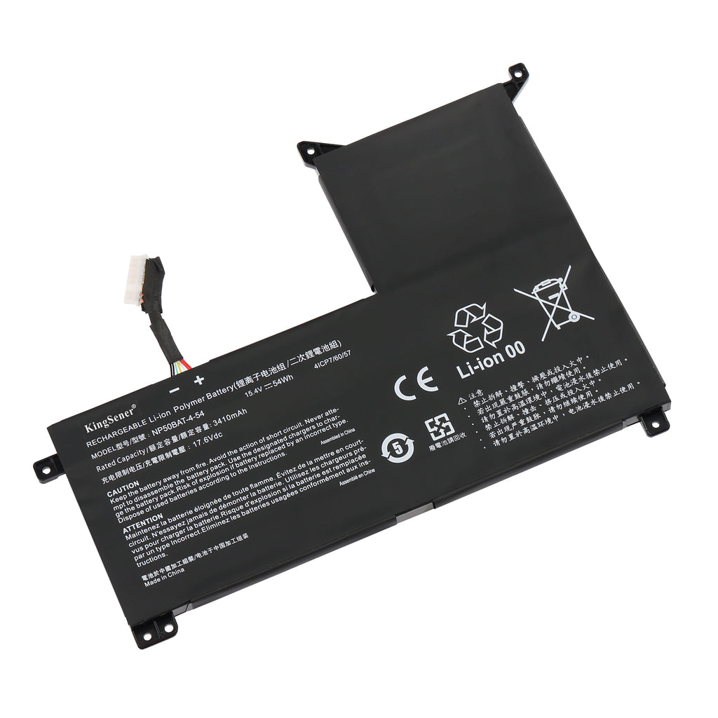 NP50BAT-4-54 battery for SCHENKER XMG Gigabyte G5 G7 gaming laptop, 15.4V 54Wh Li-ion, angled view showing L-shaped cell and connector cable
