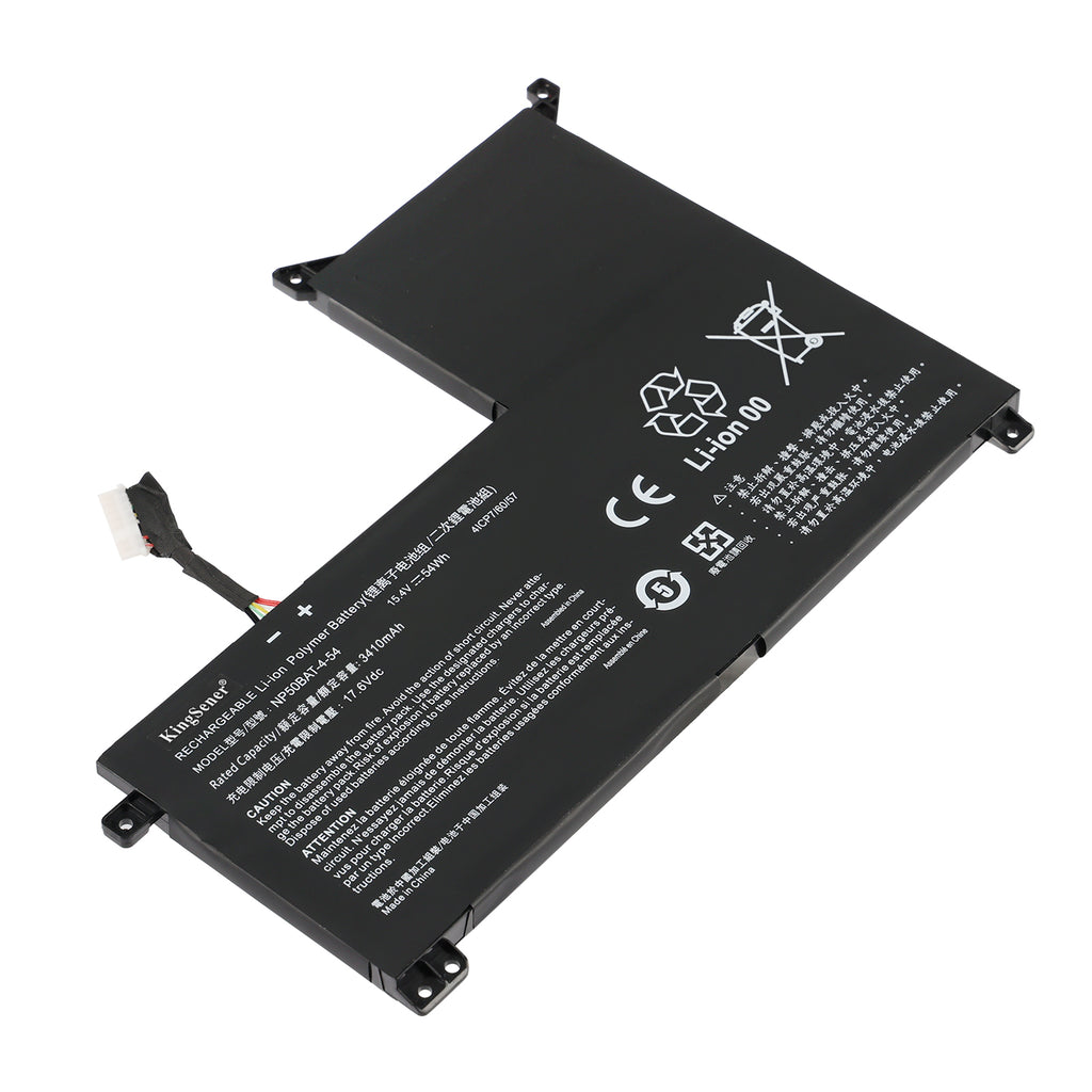 NP50BAT-4-54 replacement battery 15.4V 54Wh for CLEVO NP70 COLORFUL X15 JiangXin laptop, diagonal view with flex cable and mounting tabs