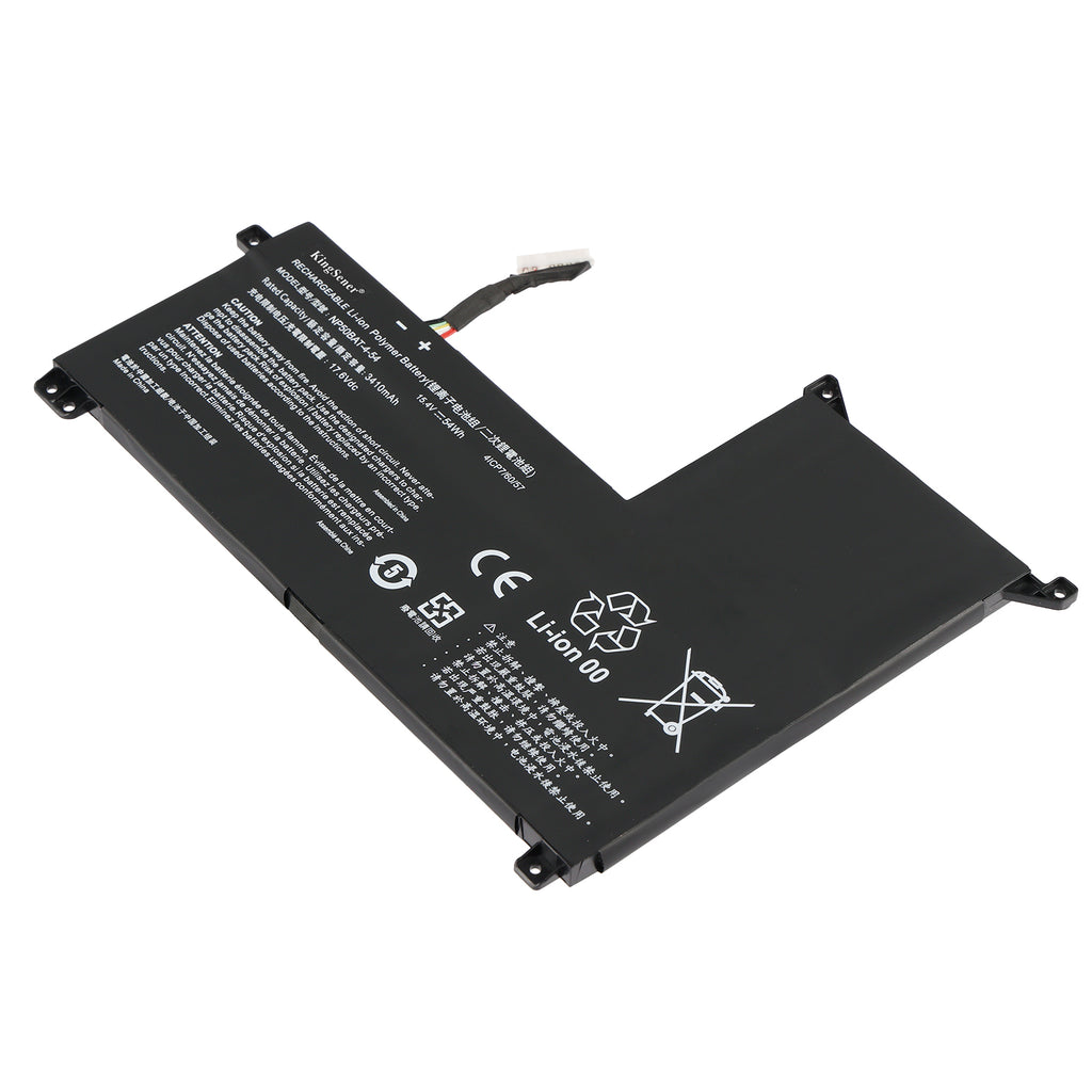 NP50BAT-4-54 Li-ion battery 3410mAh 54Wh for Gigabyte G5 GE MF gaming notebook, horizontal view showing L-shape and safety label