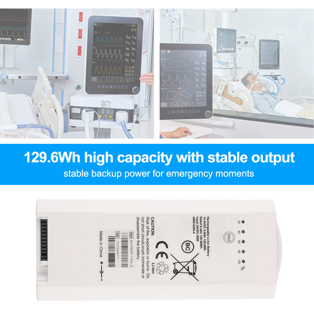 BAT5500P-1 14.4V 9.0Ah 129.6Wh backup battery powers Nihon Kohden NKV-550 ventilator in ICU ward