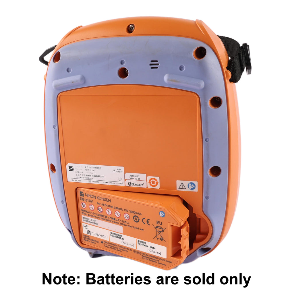 SB-310V replacement battery 15V 49.5Wh fits perfectly in Nihon Kohden Cardiolife AED-3150 AED-2100, angled view showing secure fit
