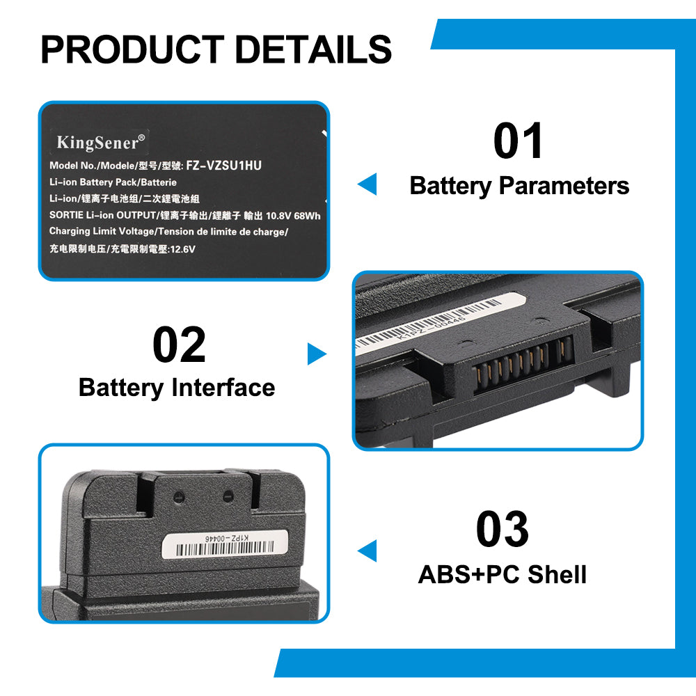 Three key details: battery parameter label, precision connector interface, durable ABS+PC shell material