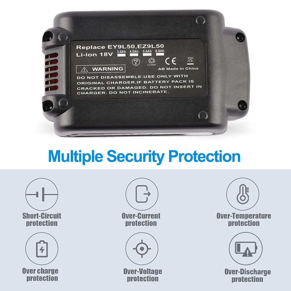 Back view of EZ9L50 battery showing replace label and multiple security protection icons