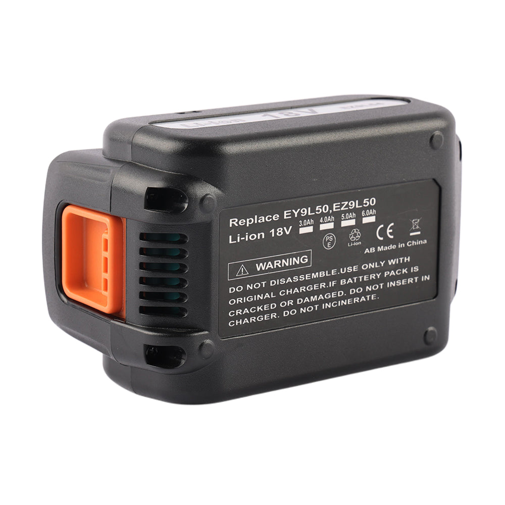 Side view of EZ9L50 battery showing replace EY9L50 EZ9L50 label and orange port