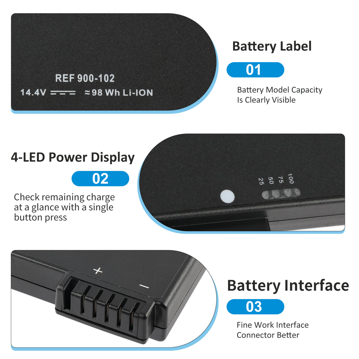 REF 900-102 battery label visible 4-LED power indicator 6-pin interface connector for Respironics SimplyGo replacement