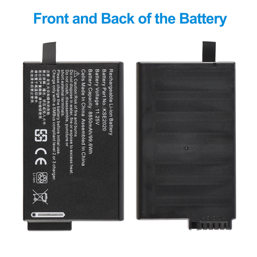 RRC2020 battery front label and back panel view comparison, slim profile design with multi-pin connector interface for secure device docking connection