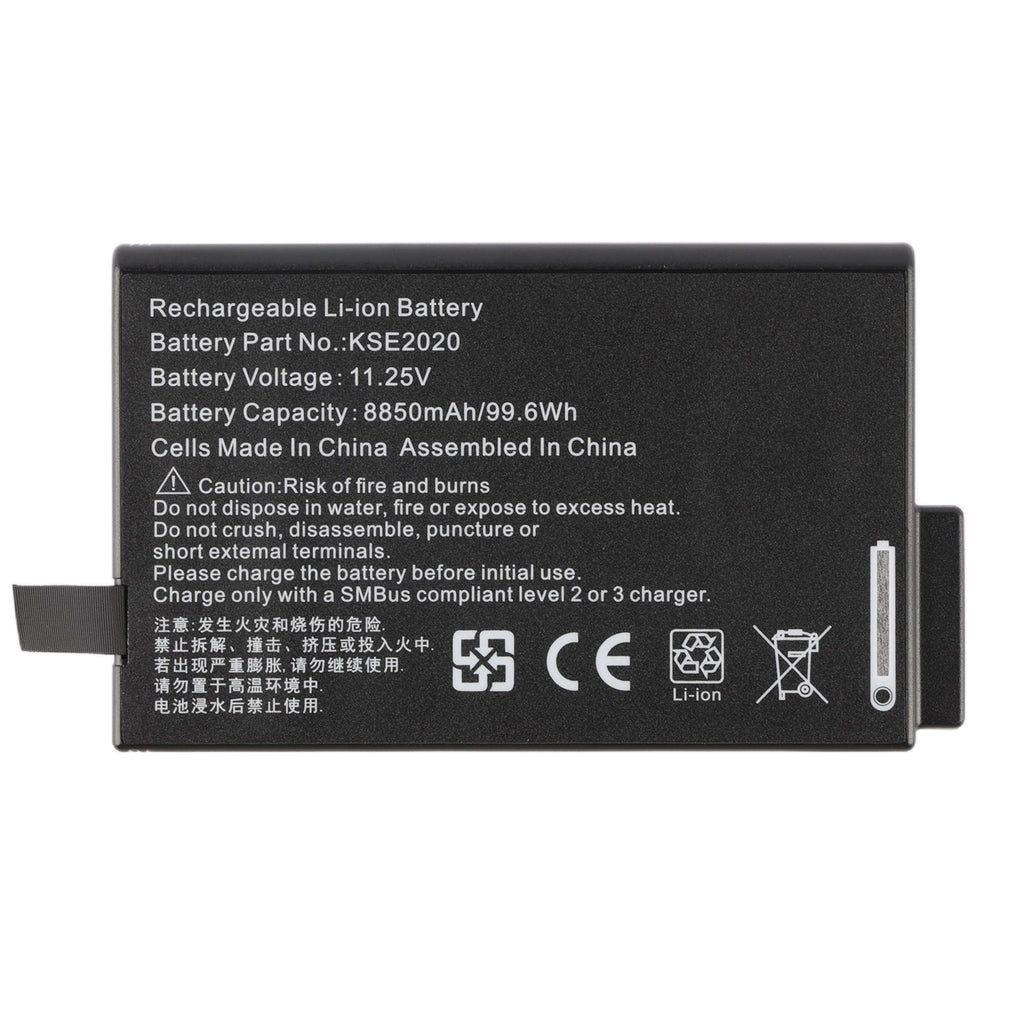 RRC2020 battery full specification label showing 11.25V 8850mAh 99.6Wh high-capacity Li-ion, SMBus compliant charging requirement, CE and safety certification marks