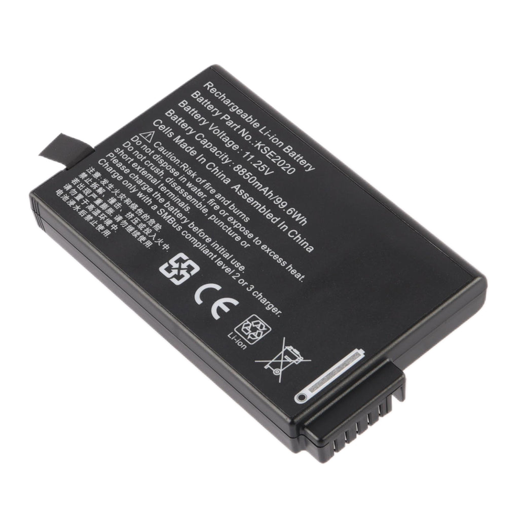 RRC2020 battery full specification label showing 11.25V 8850mAh 99.6Wh high-capacity Li-ion, SMBus compliant charging requirement, CE and safety certification marks