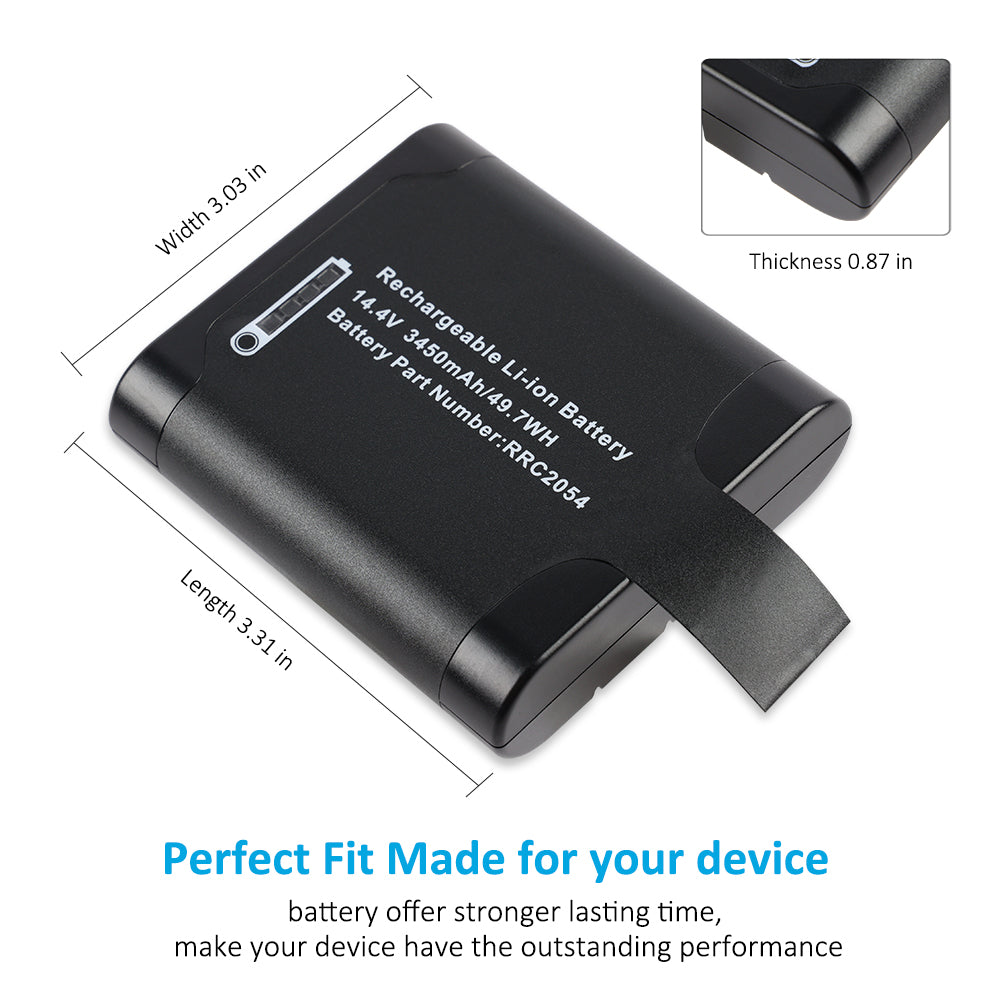 RRC2054 replacement Li-ion battery 14.4V 3450mAh 49.7Wh, dimensions Width 3.03in Length 3.31in Thickness 0.87in