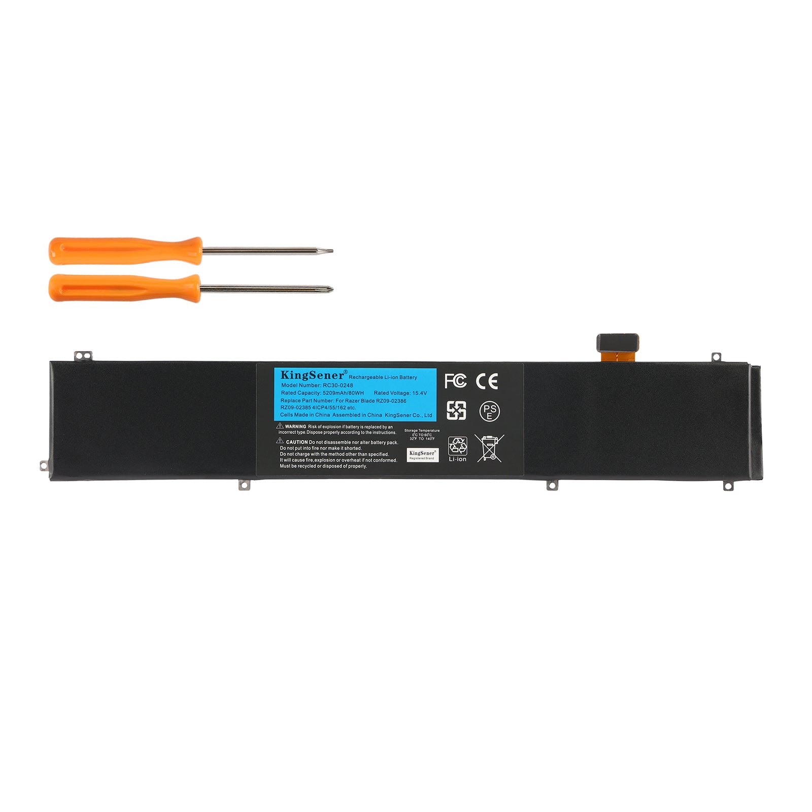 RC30-0248 battery 15.4V 5209mAh 80Wh for Razer Blade 15 2018 RZ09-02385, horizontal front view with blue KingSener label and screwdrivers
