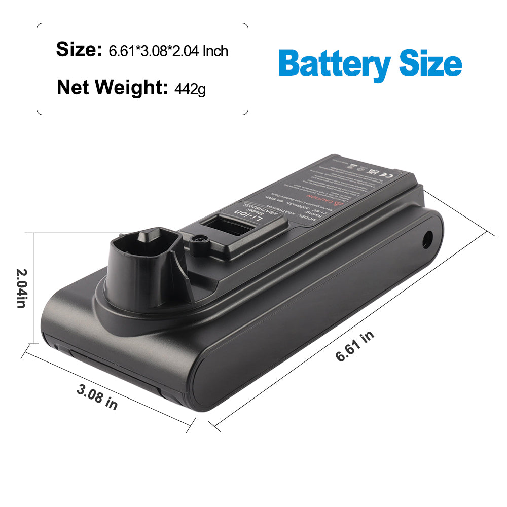XBATR620SL Shark vacuum battery dimensions 6.61 x 3.08 x 2.04 inches, net weight 442g, size diagram with measurements