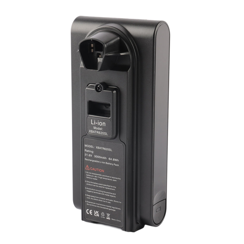 XBATR620SL replacement battery for Shark cordless vacuum, 21.6V 3000mAh 64.8Wh Li-ion, front view with connector