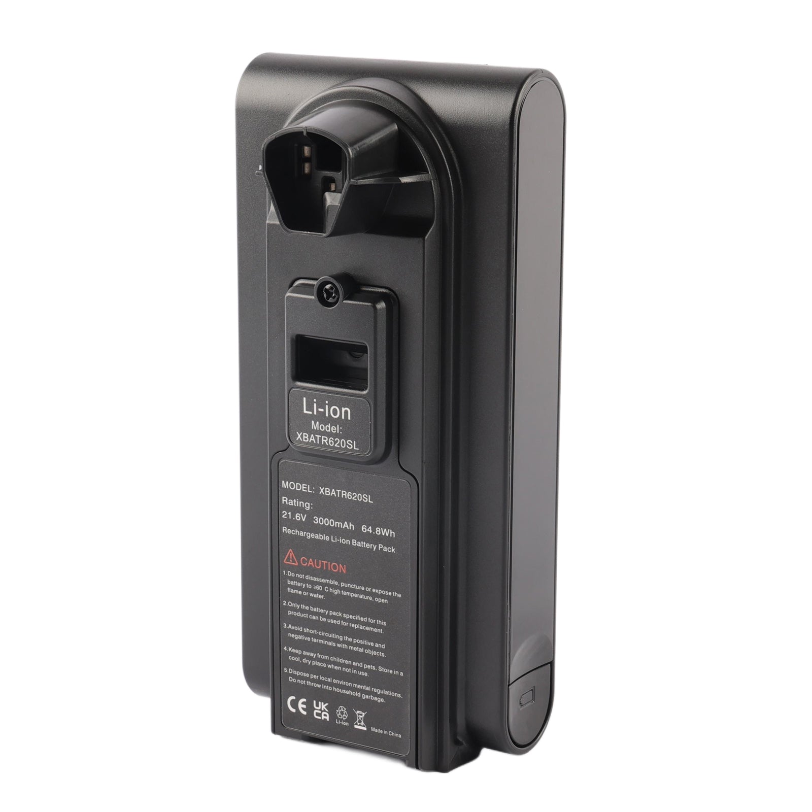 XBATR620SL replacement battery for Shark cordless vacuum, 21.6V 3000mAh 64.8Wh Li-ion, front view with connector