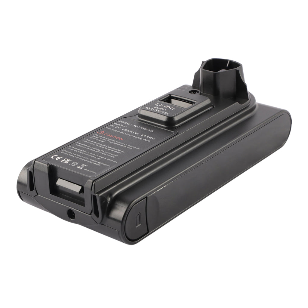 XBATR620SL Shark vacuum battery angled bottom view, 21.6V 3000mAh Li-ion, connector and port details visible