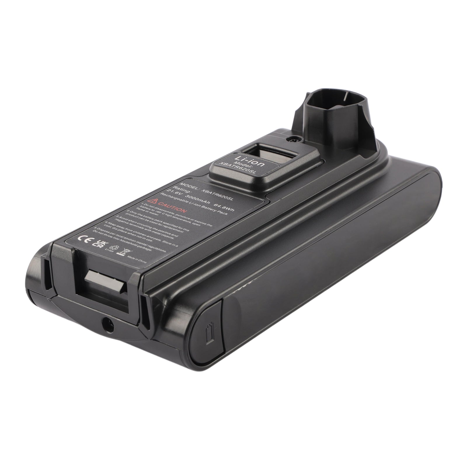 XBATR620SL Shark vacuum battery angled bottom view, 21.6V 3000mAh Li-ion, connector and port details visible