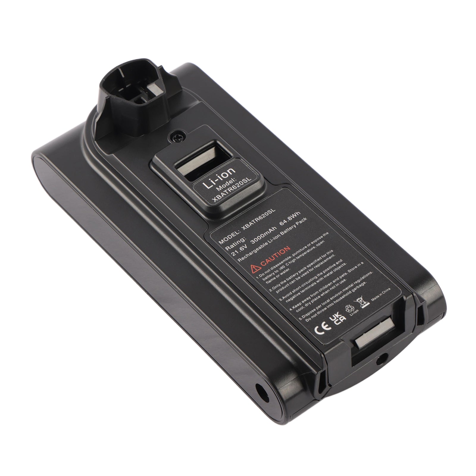 XBATR620SL replacement battery for Shark IZ540H IZ562H cordless vacuum, Li-ion 21.6V 3000mAh, angled left view