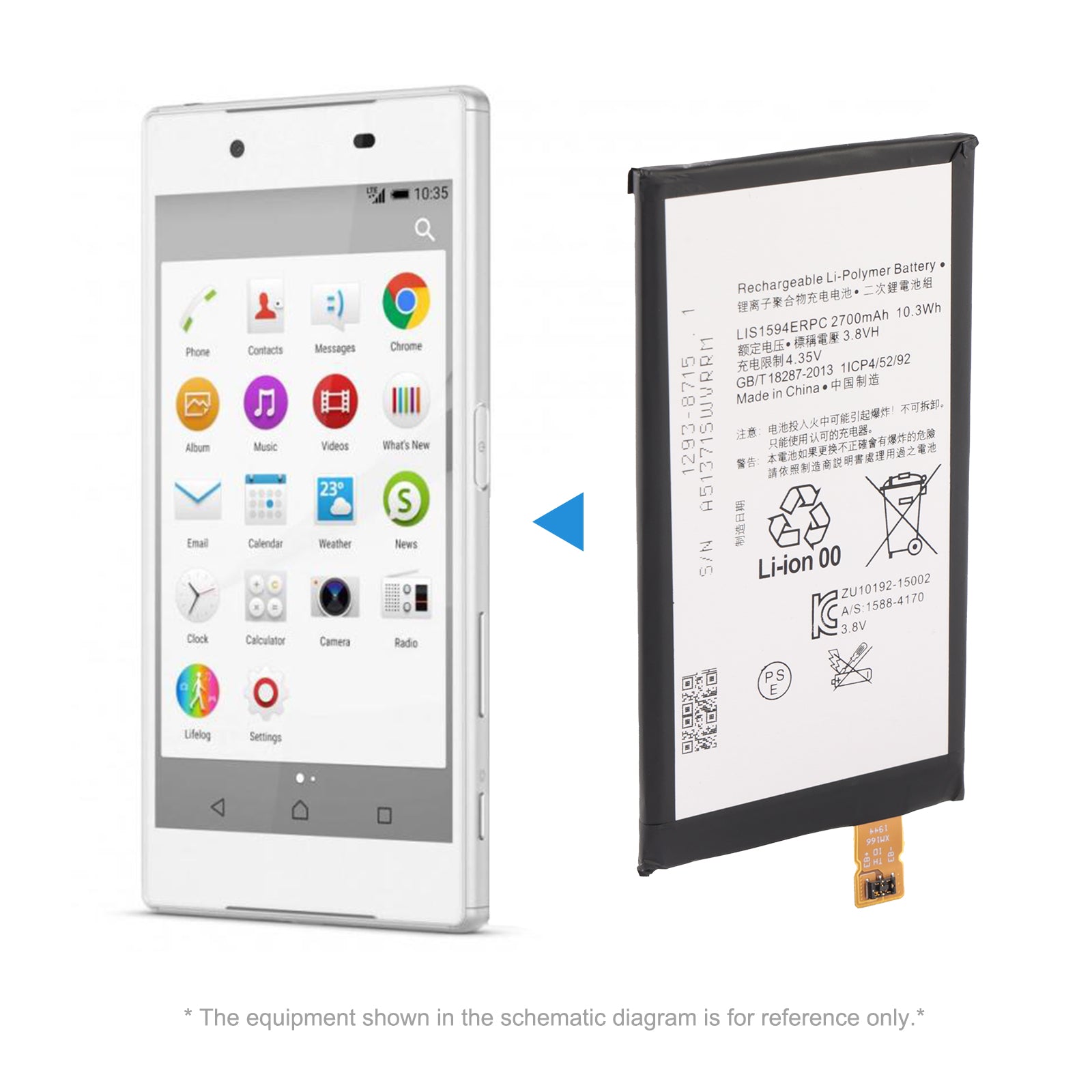 LIS1594ERPC battery alongside Sony Xperia Z5 Compact phone with arrow indicating installation position