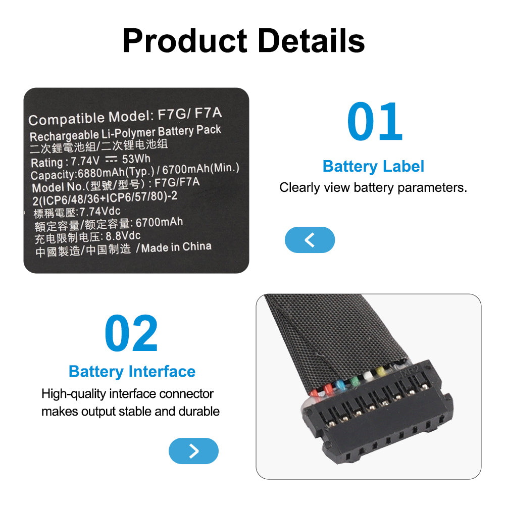F7A battery product details showing battery label and high-quality interface connector