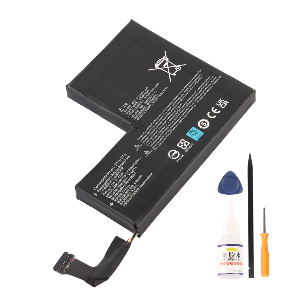 F7A battery with repair tools on white background showing 7.74V 53Wh specifications