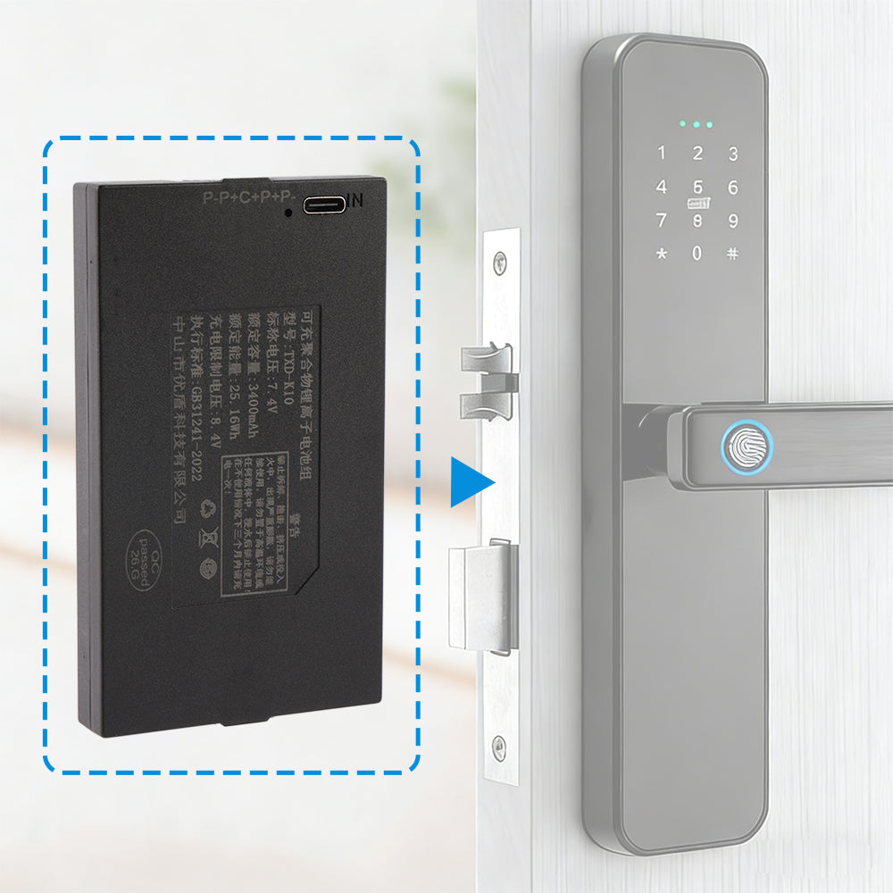 TXD-K10 battery fits perfectly into smart door lock compartment, compatible with most fingerprint keypad locks