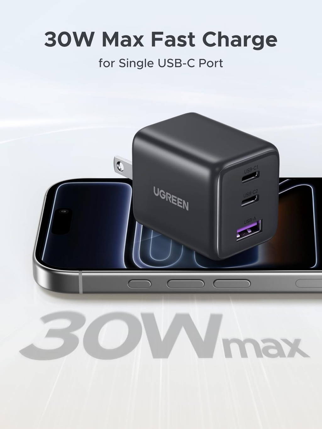 UGREEN 30W 3-Port GaN II USB-C Charger with 2 USB-C and USB-A