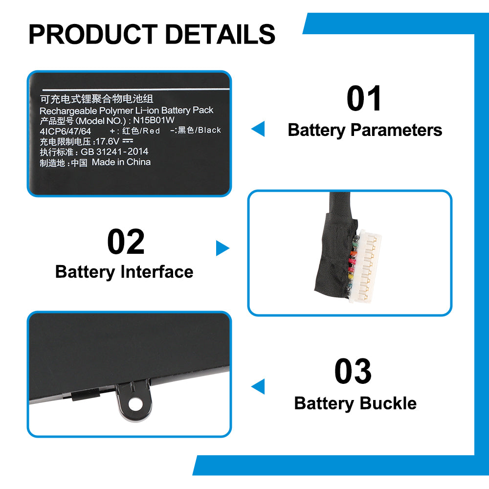 Xiaomi N15B01W replacement Li-polymer laptop battery 15.4V 2600mAh 40.04Wh product details 11-pin interface metal buckle