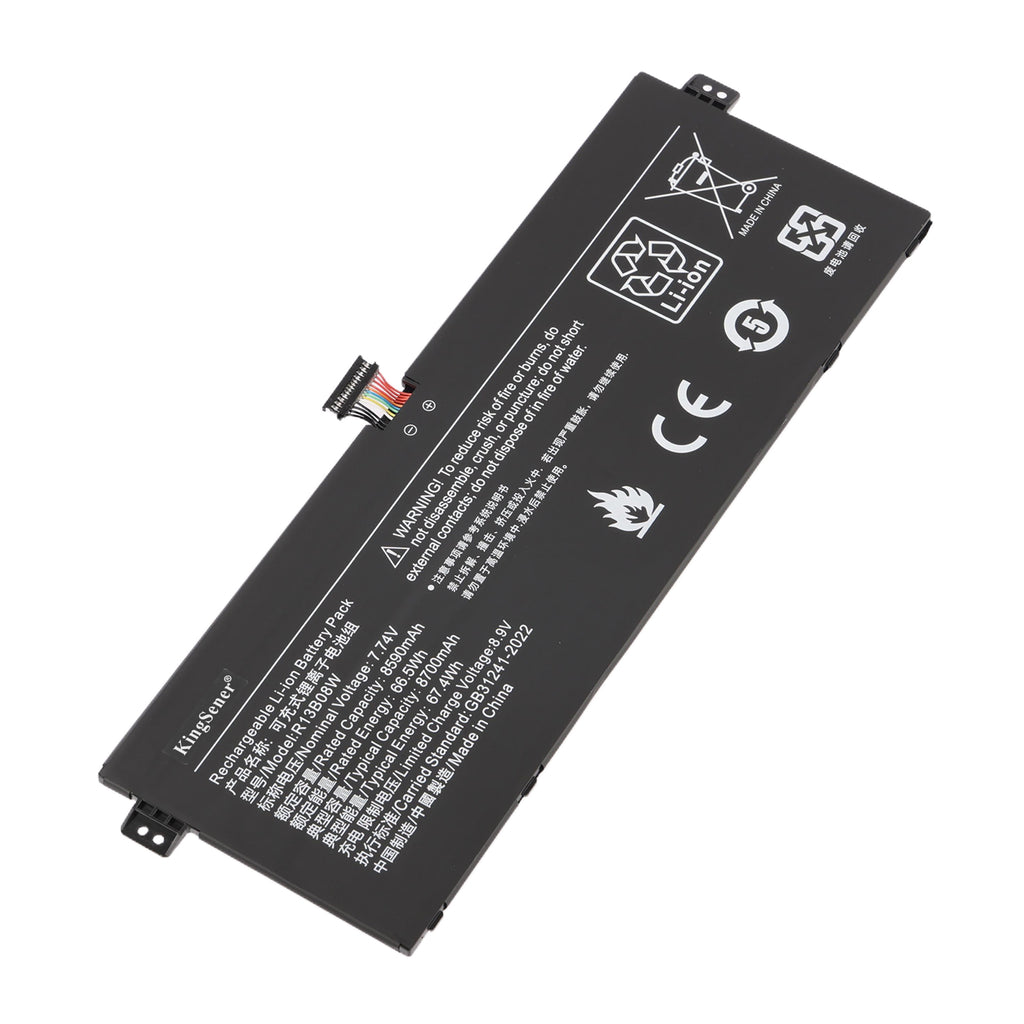 KingSener R13B08W 8700mAh battery front view showing label specs, multicolor connector cable, CE certification, Li-ion recycling mark