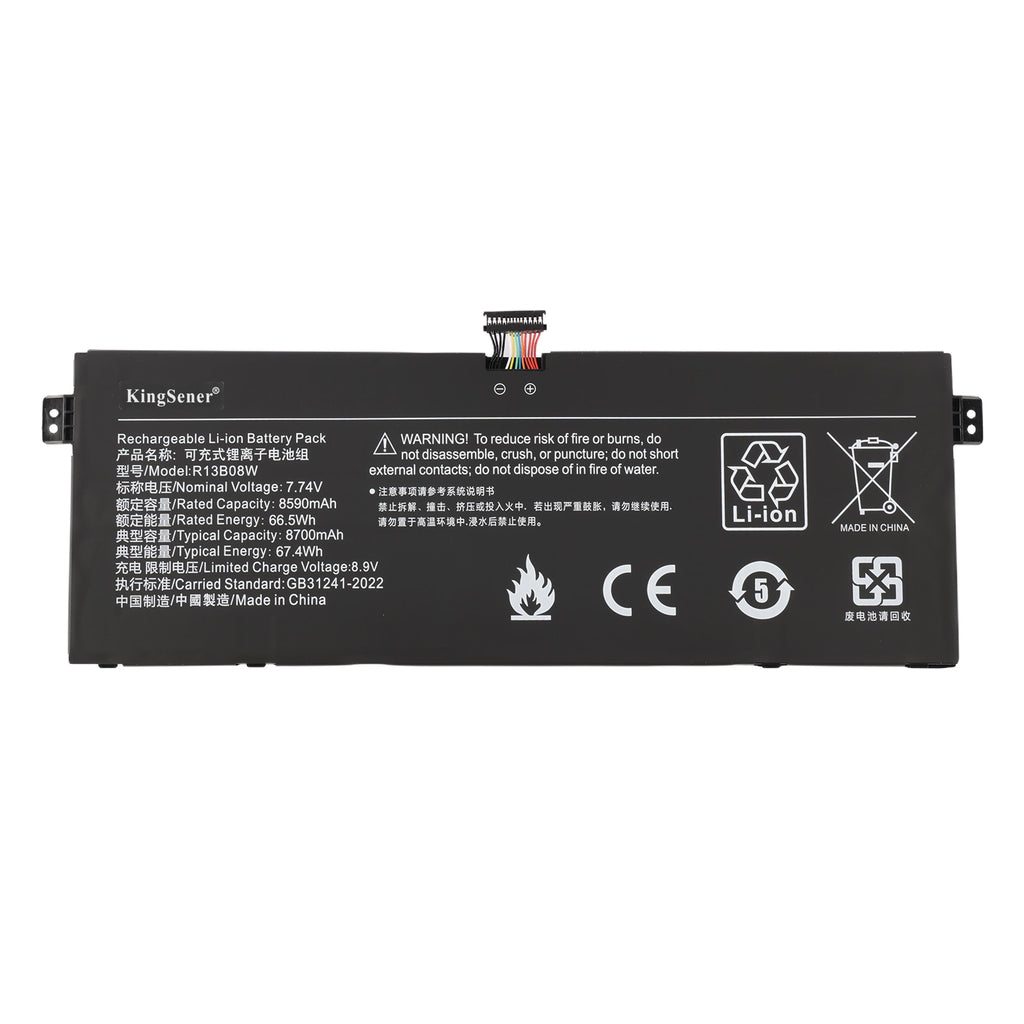 KingSener R13B08W 8700mAh battery front view showing label specs, multicolor connector cable, CE certification, Li-ion recycling mark