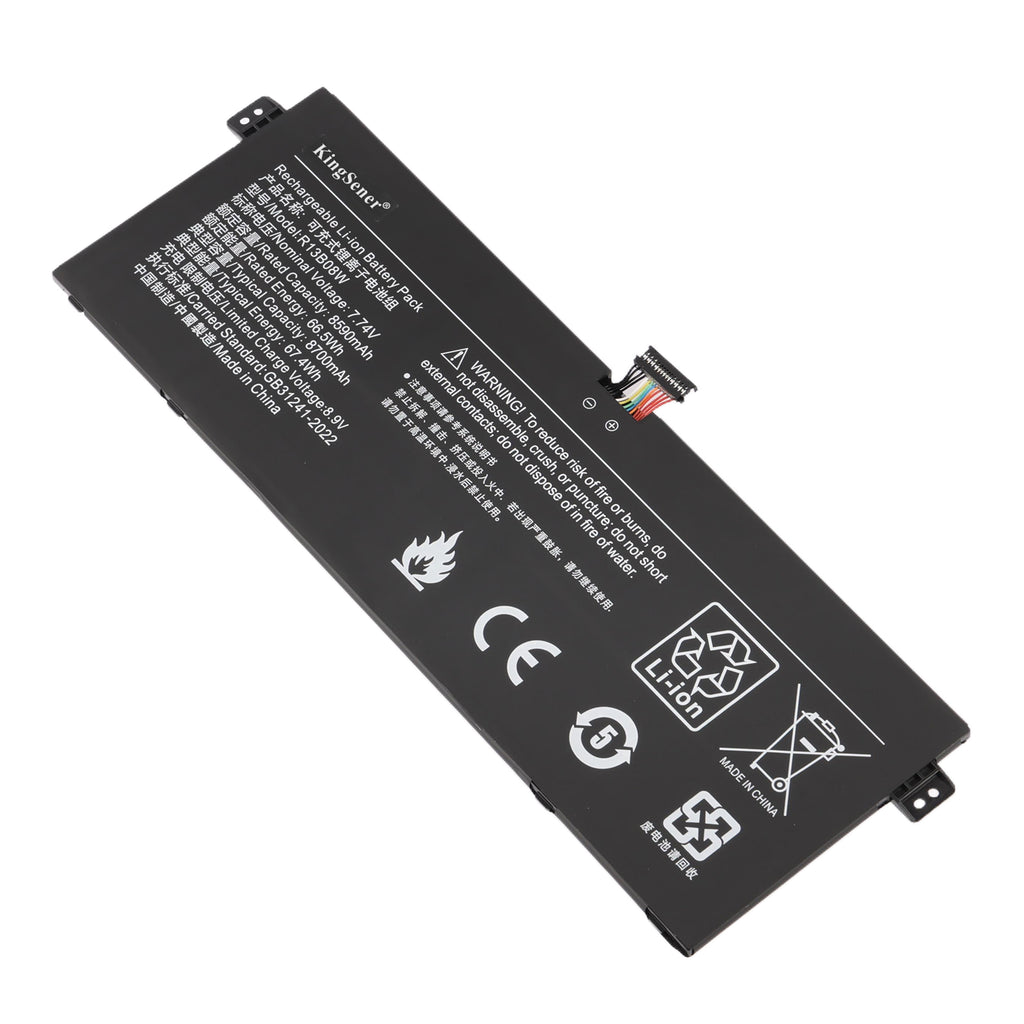 KingSener R13B08W 8700mAh battery front view showing label specs, multicolor connector cable, CE certification, Li-ion recycling mark