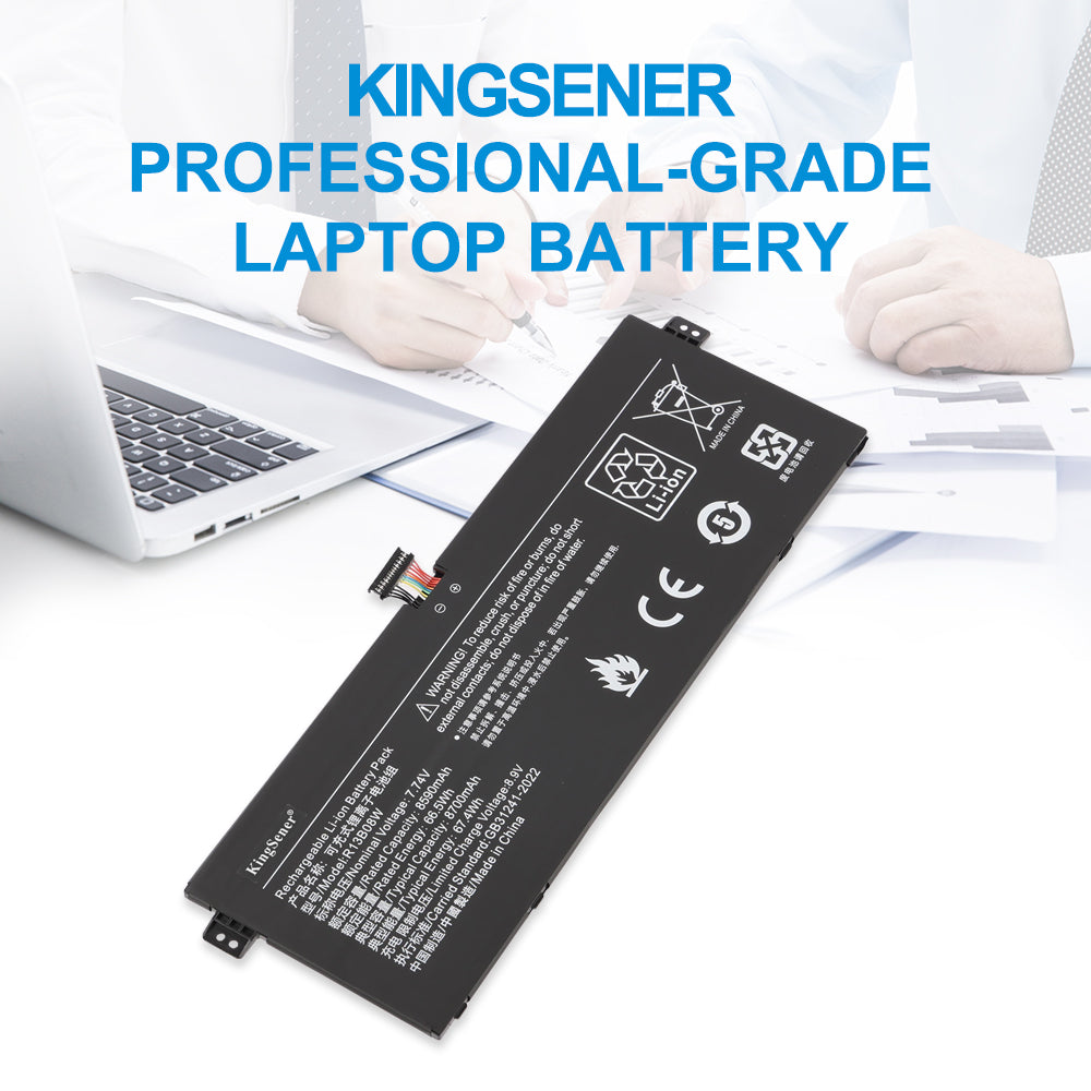 KingSener professional-grade R13B08W laptop battery on office workspace with Xiaomi notebook and business scene background