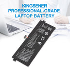 KingSener professional-grade R13B08W laptop battery on office workspace with Xiaomi notebook and business scene background