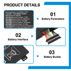 R13B08W product details: battery parameters label, multicolor connector interface close-up, buckle mounting points