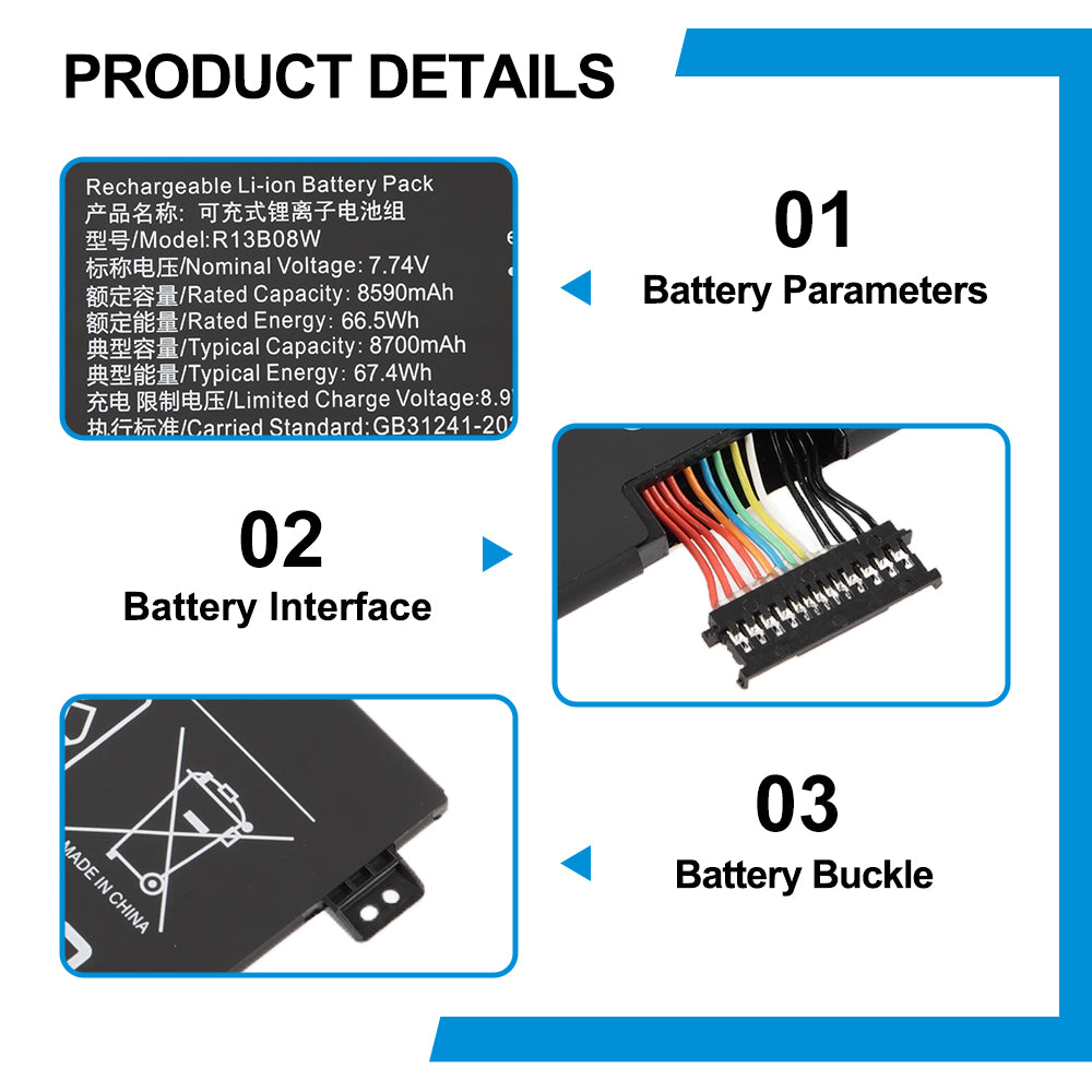R13B08W product details: battery parameters label, multicolor connector interface close-up, buckle mounting points