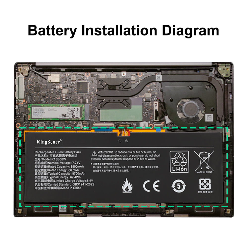 R13B08W battery installation diagram inside Xiaomi RedmiBook Air chassis between motherboard and cooling fan area