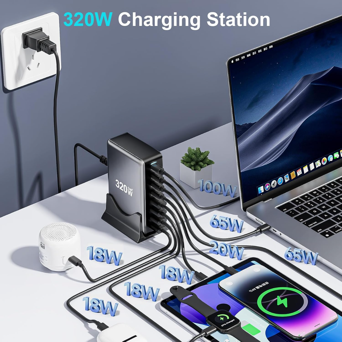 YMX-320W 320W USB-C GaN Charging Station with Dual 100W PD GaN III Pro